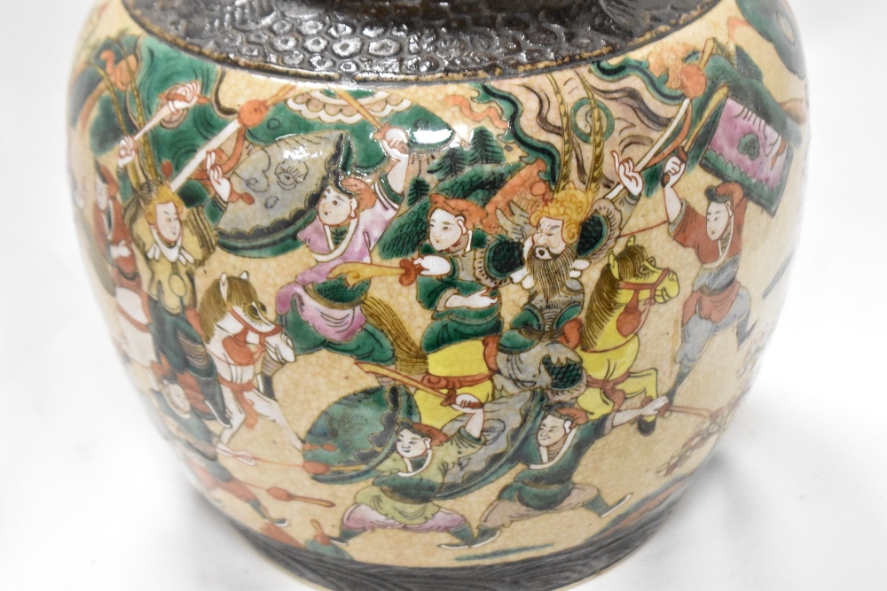 A large reproduction Chinese ginger jar decorated in crackle glaze famille vert with scenes of - Image 2 of 3