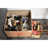 Two boxes of playworn diecasts including Dinky, Corgi, Tonka etc along with many made up plastic kit