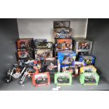 A shelf of modern diecast Motor Cycles including Maisto 1:18 scale Special Edition and Harley