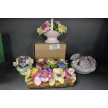 Five vintage ceramic flower baskets including Adderley and Denton.