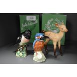 Three modern Beswick animal studies including a deer, kingfisher and stonechat AF. All with boxes.