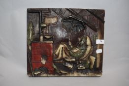 A wax plaque depicting scene of man in bed holding umbrella, surrounded by books by an