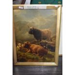 A framed print on board depicting Highland cows.
