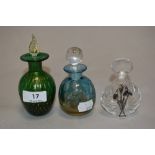 Three 20th century art glass perfume bottles, including green glass with gold flecks and clear