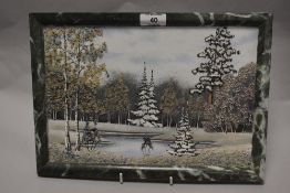 A Russian plaque made of marble and having snowy countryside scene using malachite, jasper, agate,