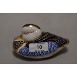 A Royal Crown Derby duck paperweight, having silver stopper.