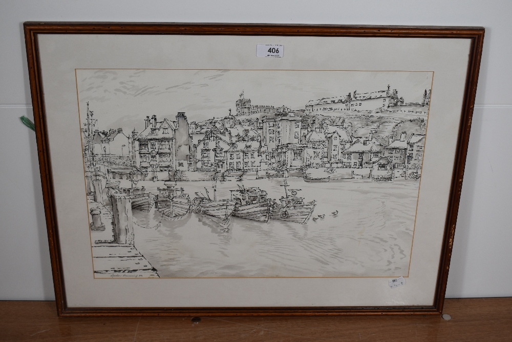 Gordon E Cumming (British 20th century) ink and monochrome watercolour wash, entitled 'whitby