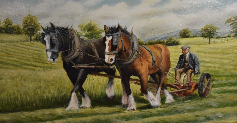 O E Pugh (British 20th century) oil on canvas, agricultural ploughing scene with two heavy horses,