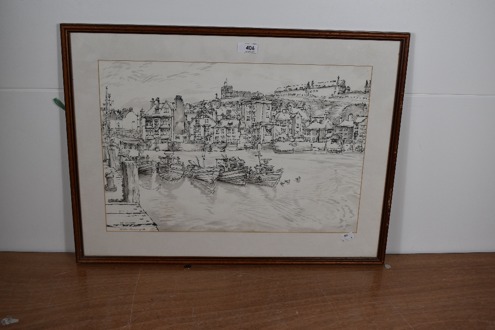 Gordon E Cumming (British 20th century) ink and monochrome watercolour wash, entitled 'whitby - Image 2 of 4