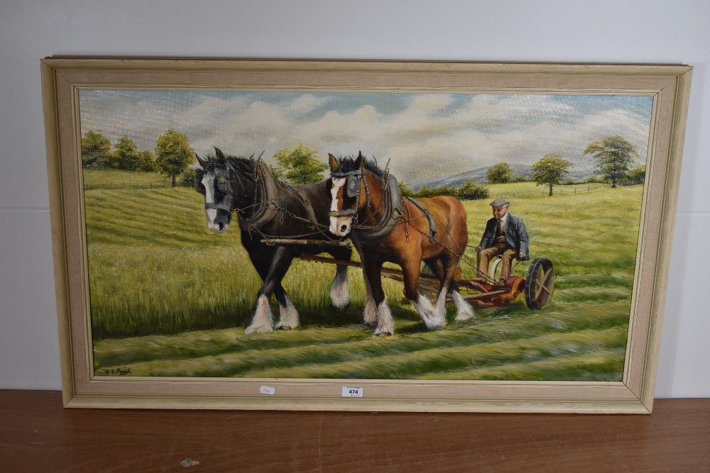 O E Pugh (British 20th century) oil on canvas, agricultural ploughing scene with two heavy horses, - Image 2 of 3