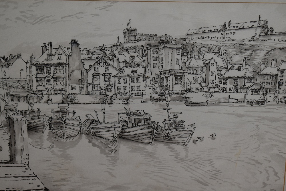 Gordon E Cumming (British 20th century) ink and monochrome watercolour wash, entitled 'whitby - Image 3 of 4