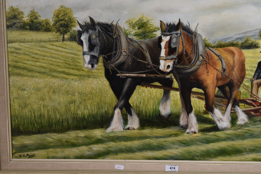 O E Pugh (British 20th century) oil on canvas, agricultural ploughing scene with two heavy horses, - Image 3 of 3