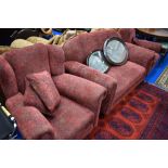 A 1930s design three piece lounge suite having later damask style upholstery