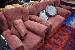 A 1930s design three piece lounge suite having later damask style upholstery