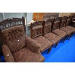 A Victorian salon suite comprising two arm chairs and six dining chairs, all having moquette