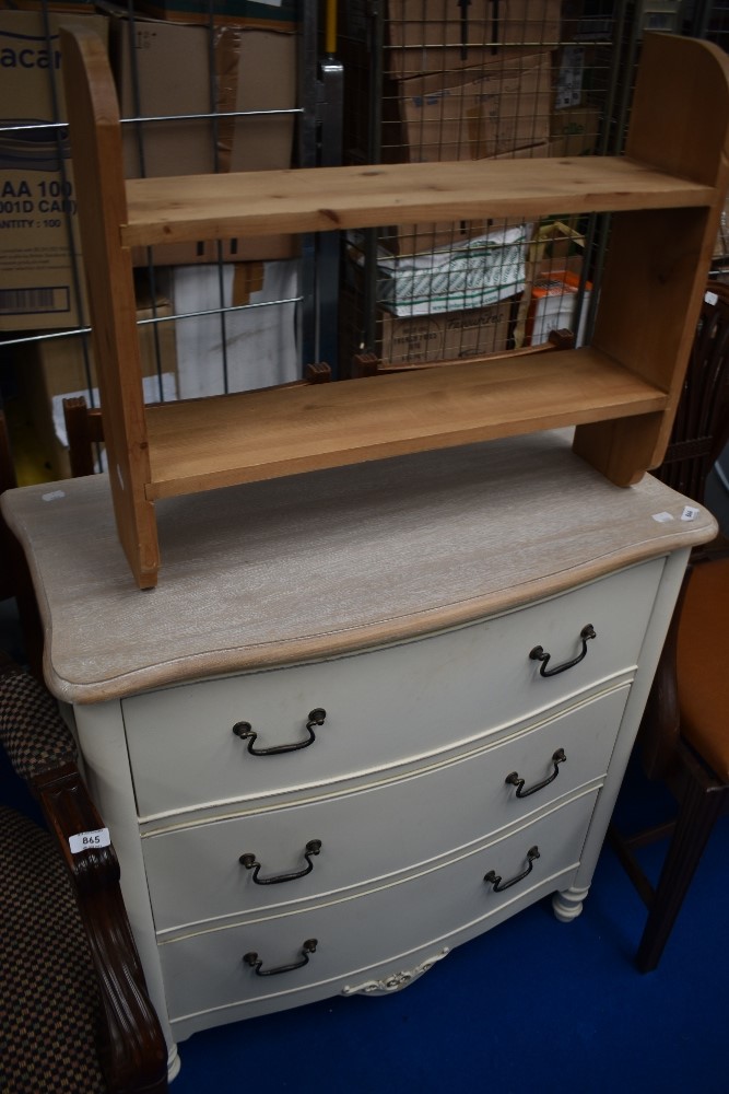 A vintage continental style three drawer bedroom chest and small pine shelf