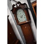 An oak and mahogany long cased clock, having 8 day movement and painted dial named for Emmanuel