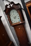 An oak and mahogany long cased clock, having 8 day movement and painted dial named for Emmanuel