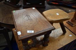 A rustic milking copy type stool and a small coffin type stool having turned frame