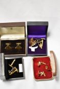 Four cased pairs of gold coloured cufflinks and others, of different styles