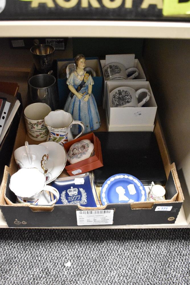 A collection of Royal Coronation and souvenir wares including cups, a Queen Mother figure and silver