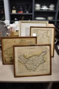 Four framed and glazed 19th/20th century hand tinted maps, of Hereford, Lancashire, South Wales