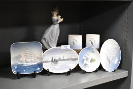 A small selection of Royal Copenhagen/Bing Grondahl porcelain, comprising four pin dishes and two