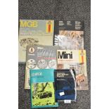 A selection of Mini and MG vehicle interest books, including Haynes manuals, MGB handbook and Mini