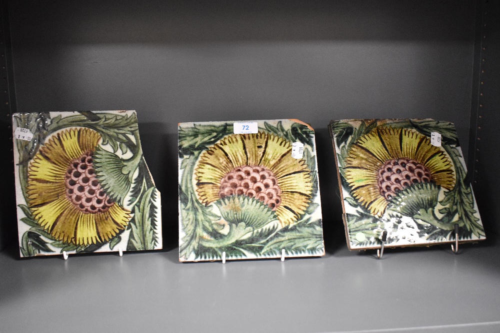 Five William De Morgan style glazed pottery tiles decorated with stylised flowers - Image 2 of 5