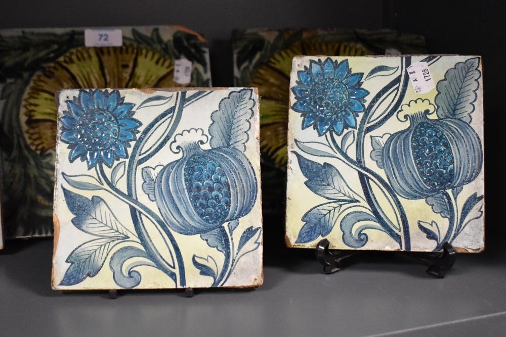 Five William De Morgan style glazed pottery tiles decorated with stylised flowers - Image 3 of 5