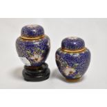 Two modern miniature cloisonné enamel ginger jars, of traditional design one retaining wooden stand