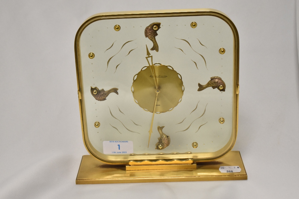 A rare mid-20th Century Jaeger Le Coultre Fish Pond Aquarium 8 day mantle clock with gilded brass