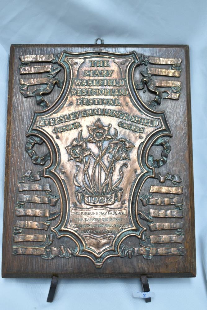 An oak mounted Eversley Challenge copper shield, The Mary Wakefield Westmorland Festival, dated