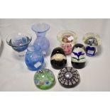 An assorted collection of art glassware, to include a Millefiori type paperweight, a Caithness