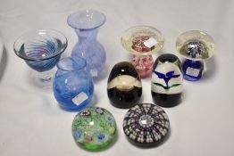 An assorted collection of art glassware, to include a Millefiori type paperweight, a Caithness