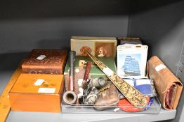 A selection of sundries, to include pipes, Piatnik playing cards, wooden boxes