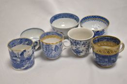 A small selection of English and European blue and white teabowls and coffee cans, to include willow