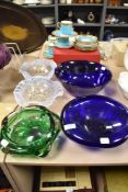 Two vintage opalescent fluted pressed glass bowls and three heavy mid centruy art glass bowls in