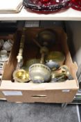 A selection of mixed brass wares, to include 19th century fat skimmer, candlesticks, ladle,