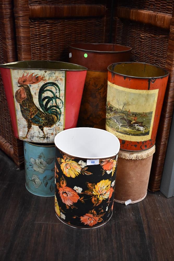 A group of vintage paper bins and an umbrella stand, to include a Worcester ware Cockerel bin