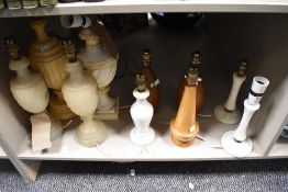 Ten traditional and vintage table lamp bases, including turned wood and Alabaster.