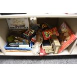 An assortment of vintage and retro board games etc, including travelling chess, A Victory jigsaw,