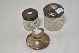 A trio of antique ink wells, including hallmarked silver example and two cut glass, both having
