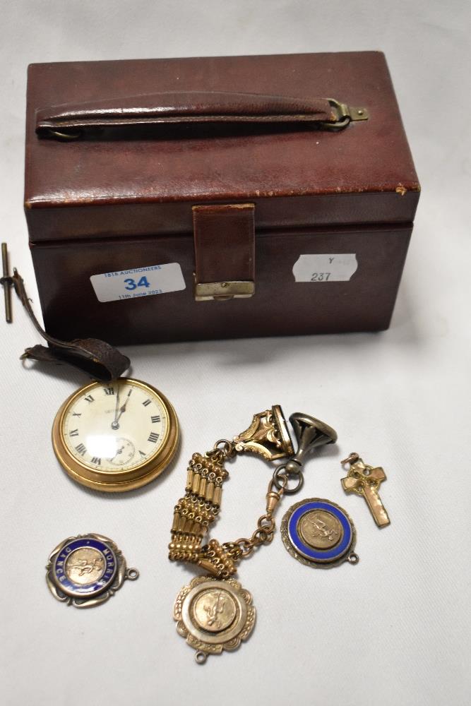 A jewellery box containing a Smiths pocket watch in gold coloured case, a Goostrey Morris Dancers