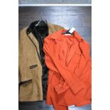 A gentleman's quilted Orvis jacket, with faux fur lining, XL, and a Filson of Seattle burnt orange