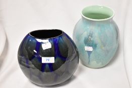 Two Poole glazed pottery vases, one having JB stamped to the base and the other with drip glaze