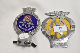 A chromed and enamelled 'Lancashire' car badge by J.R Gaunt Birmingham, and a Chromed AA badge