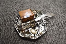 A mixed lot of items, including maple trinket box, plated fish servers, costume jewellery and rolled