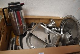 A selection of stainless steel home catering items, platters, jugs, etc to include 'Tiger' insulated