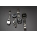 Four men's digital wristwatches including Casio, Saxon and Omac.